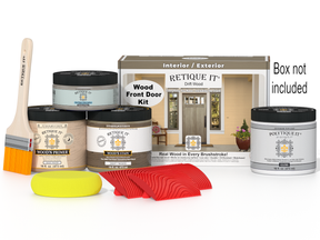 Retique It Wood'n Finish Drift Wood front door kit with stain set, featuring natural wood grain and finishing supplies for exterior doors.