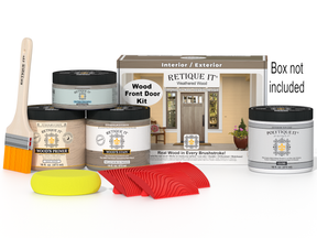 Retique It® Wood'n Finish Weathered Wood front door stain kit with stain bottles and applicator tools on a box.