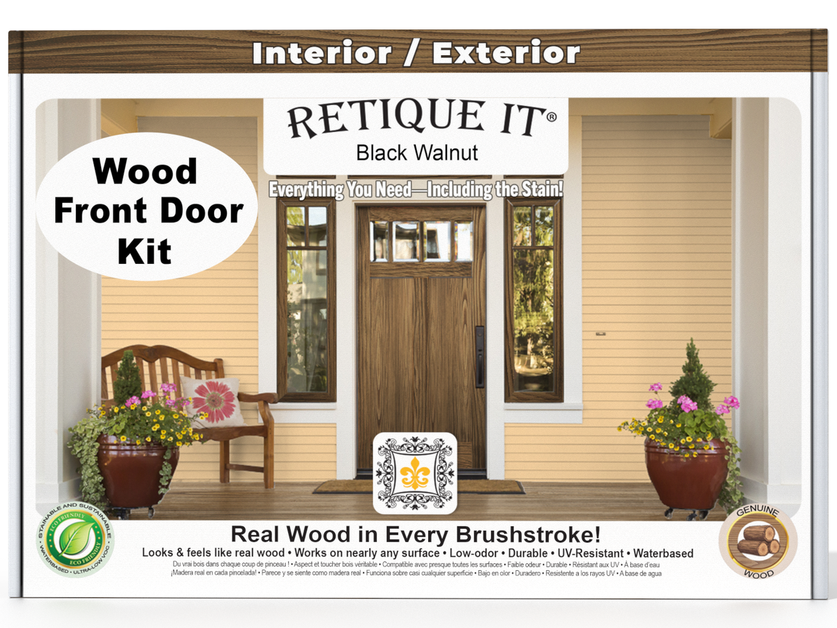 Retique It® Wood'n Finish Front Door Kit in Black Walnut stain showing a finished wooden door with rich, dark walnut color.