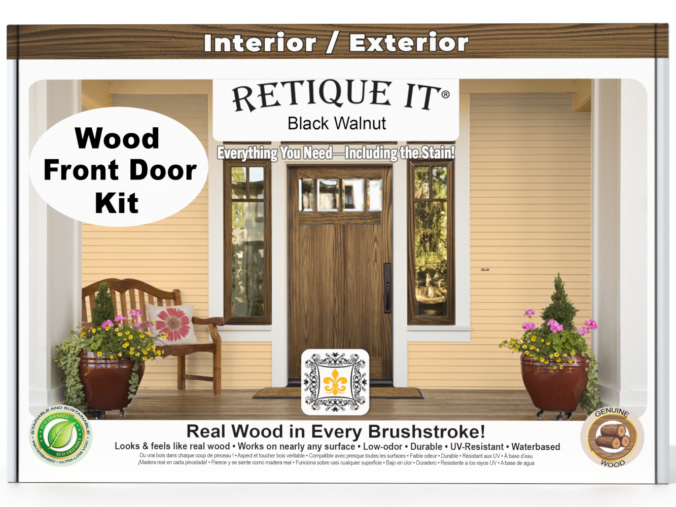 Retique It® Wood'n Finish Front Door Kit in Black Walnut stain showing a finished wooden door with rich, dark walnut color.