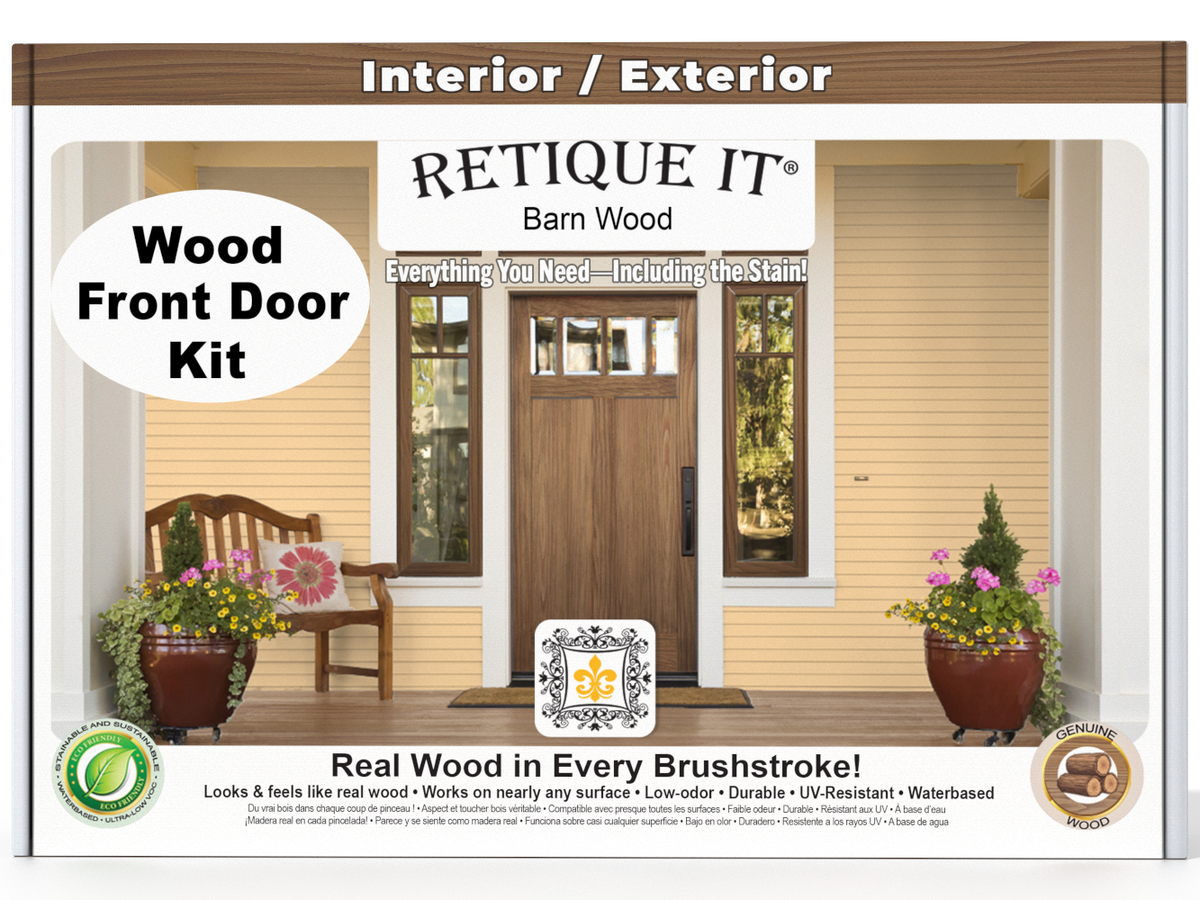 Retique It® Wood'n Finish Front Door Kit in Barn Wood stain, showcasing a stylish front door with a natural wood finish.