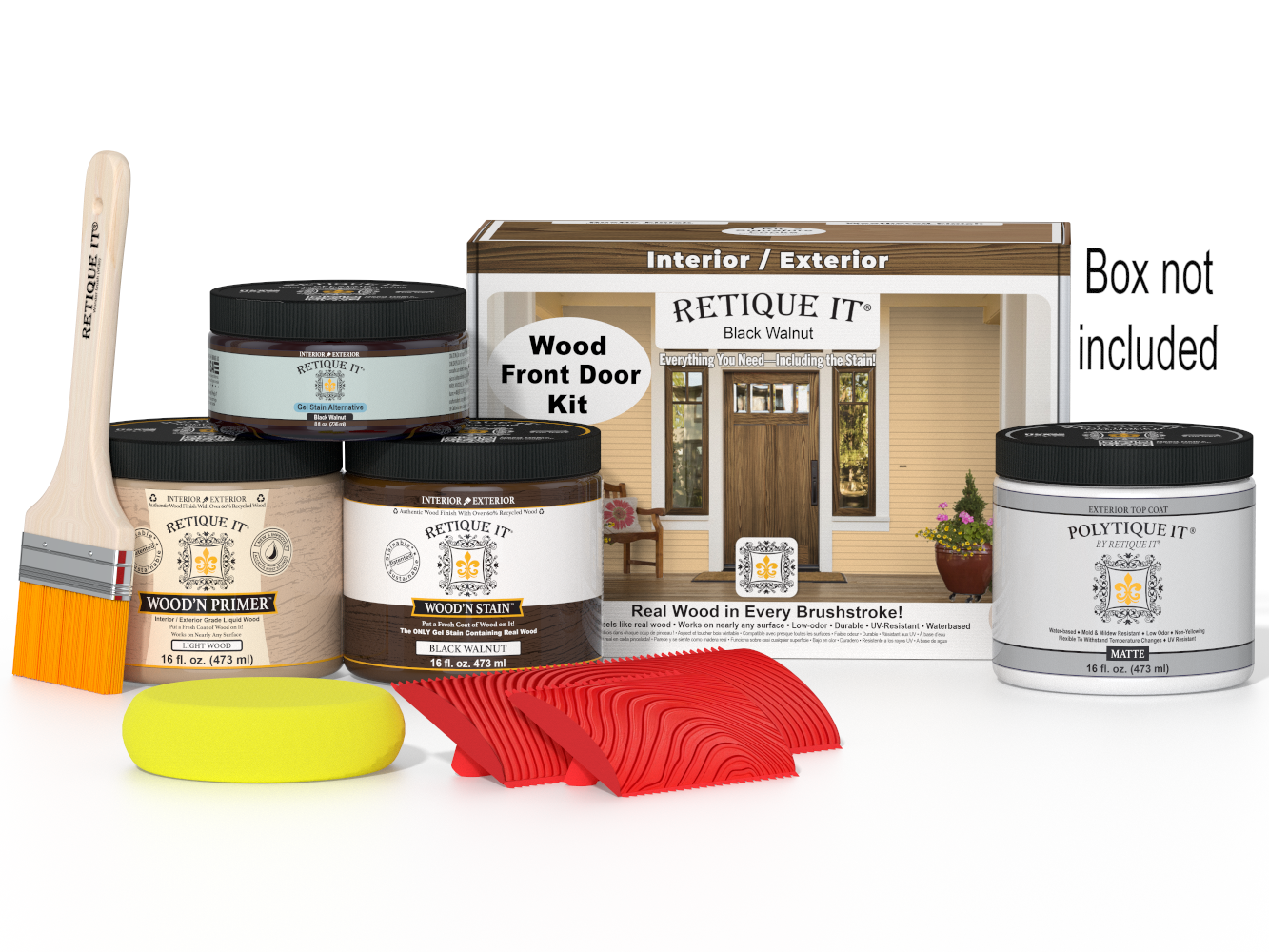 Retique It® Wood'n Finish Black Walnut front door stain kit with stain bottles and application tools in a box.