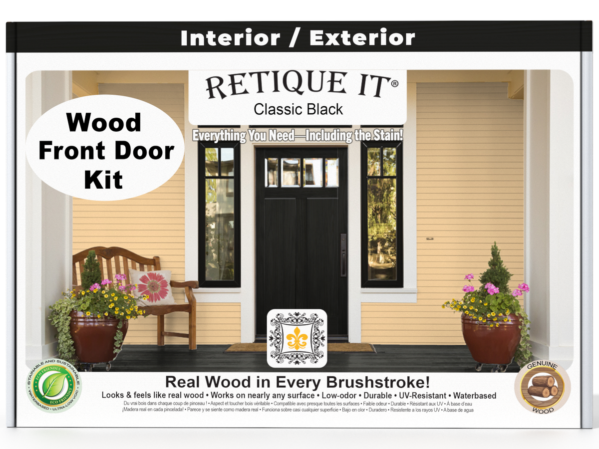 Retique It Wood Front Door Kit packaging with a door and garden scene on a white background.