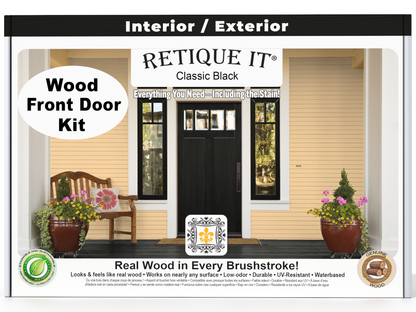 Retique It Wood'n Finish Front Door Kit in Classic Black, featuring stain application on a modern front door.