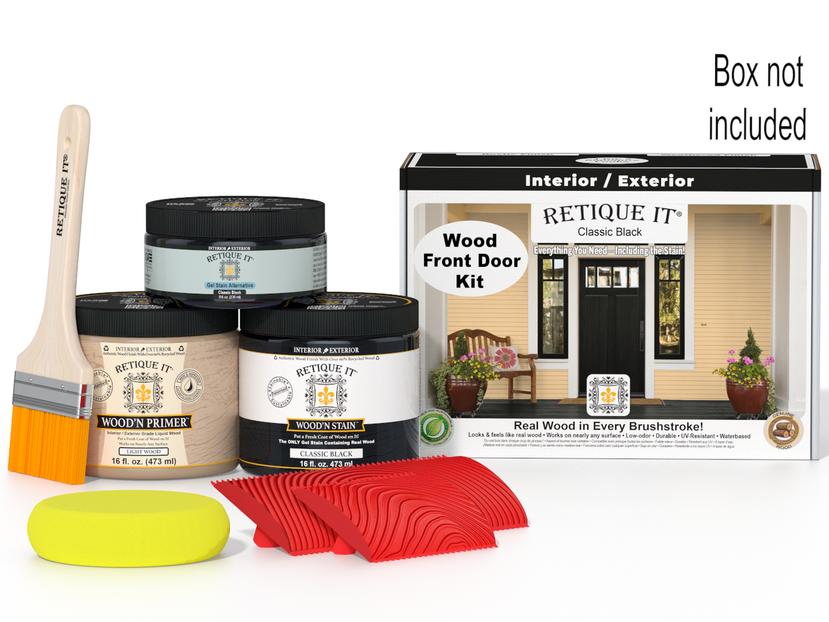 Retique It wood front door kit with paint cans, brush, and tools on a white background