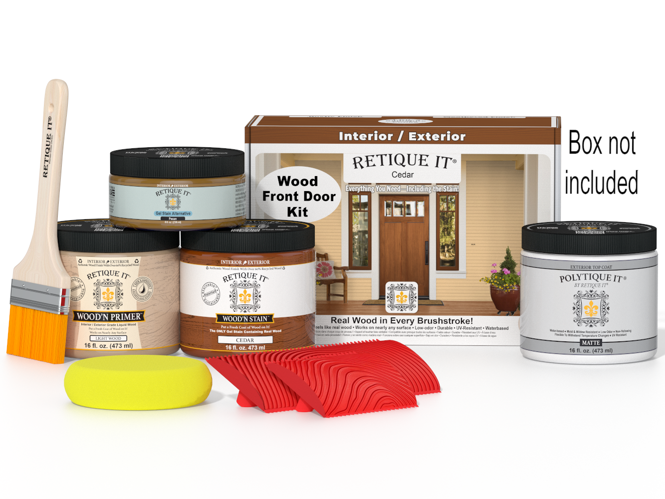 Retique It® Wood'n Finish Cedar front door kit with stain, showcasing the stained wooden door and packaging.