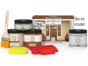 Retique It® Wood'n Finish Cedar front door kit with stain, showcasing the stained wooden door and packaging.