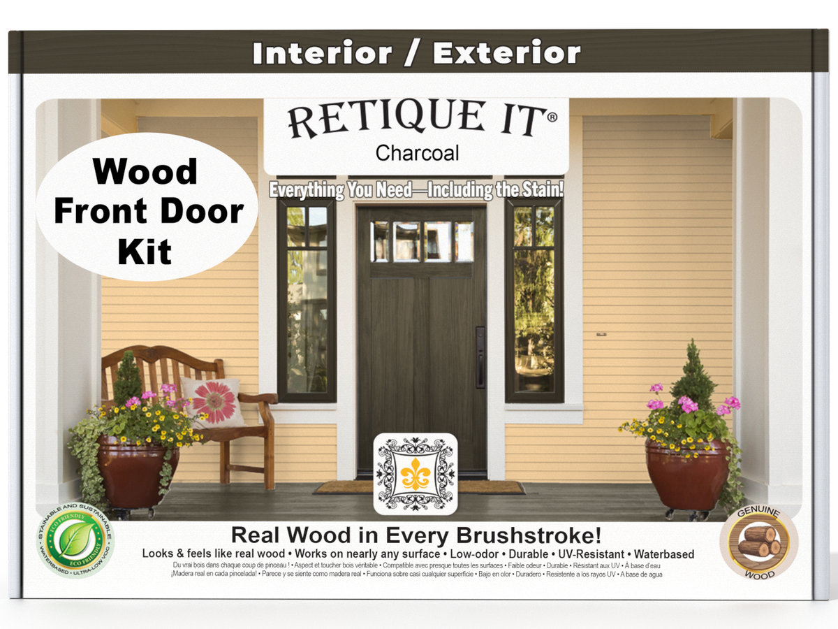 Retique It Wood Front Door Kit packaging with a door and bench in the background