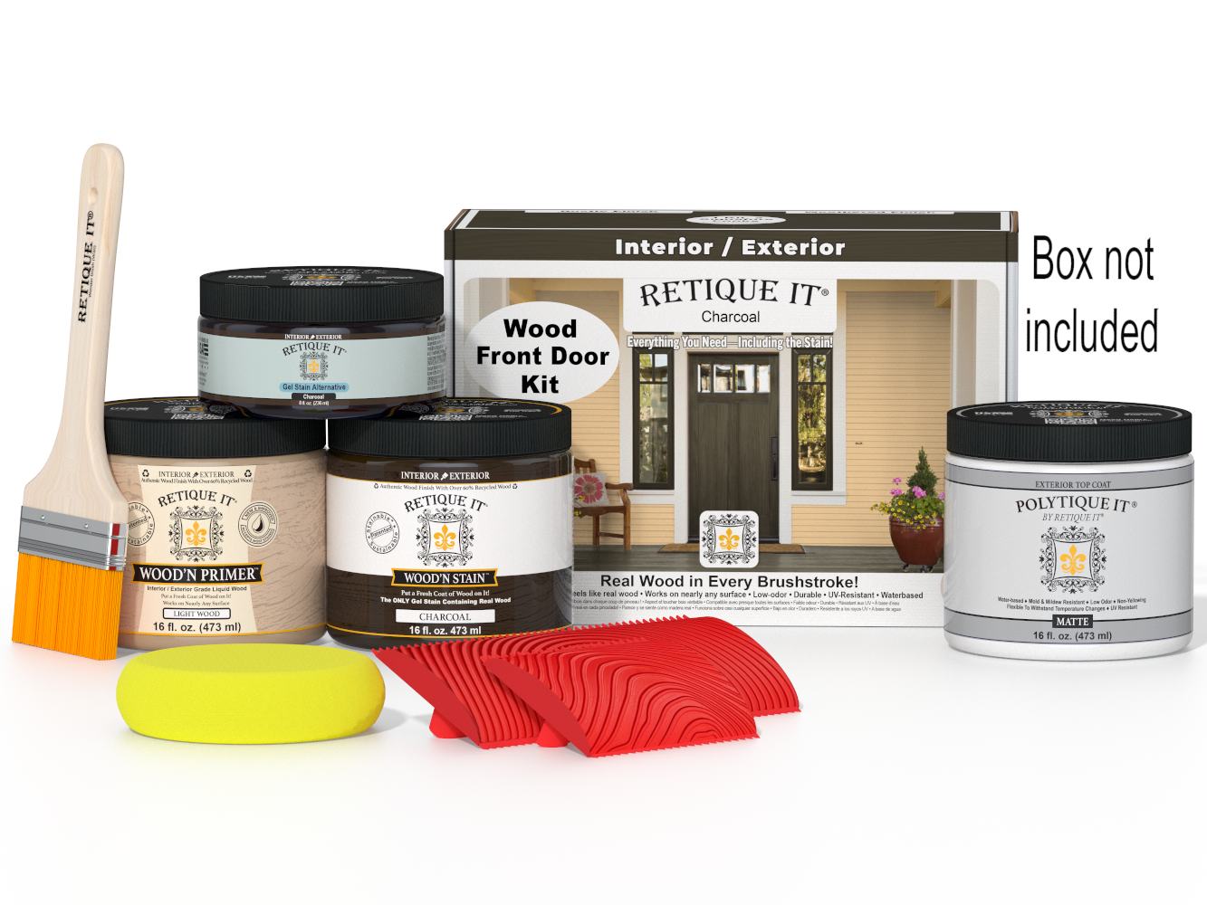Retique It Wood'n Finish front door kit in charcoal stain, showing the stained wooden door with smooth finish and modern design.