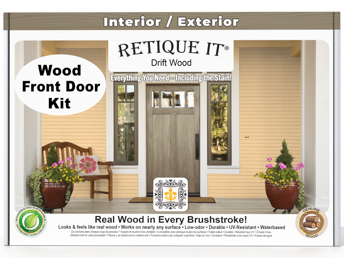 Retique It® Wood'n Finish Drift Wood front door kit with stain applied, showcasing natural wood grain and quality finish.