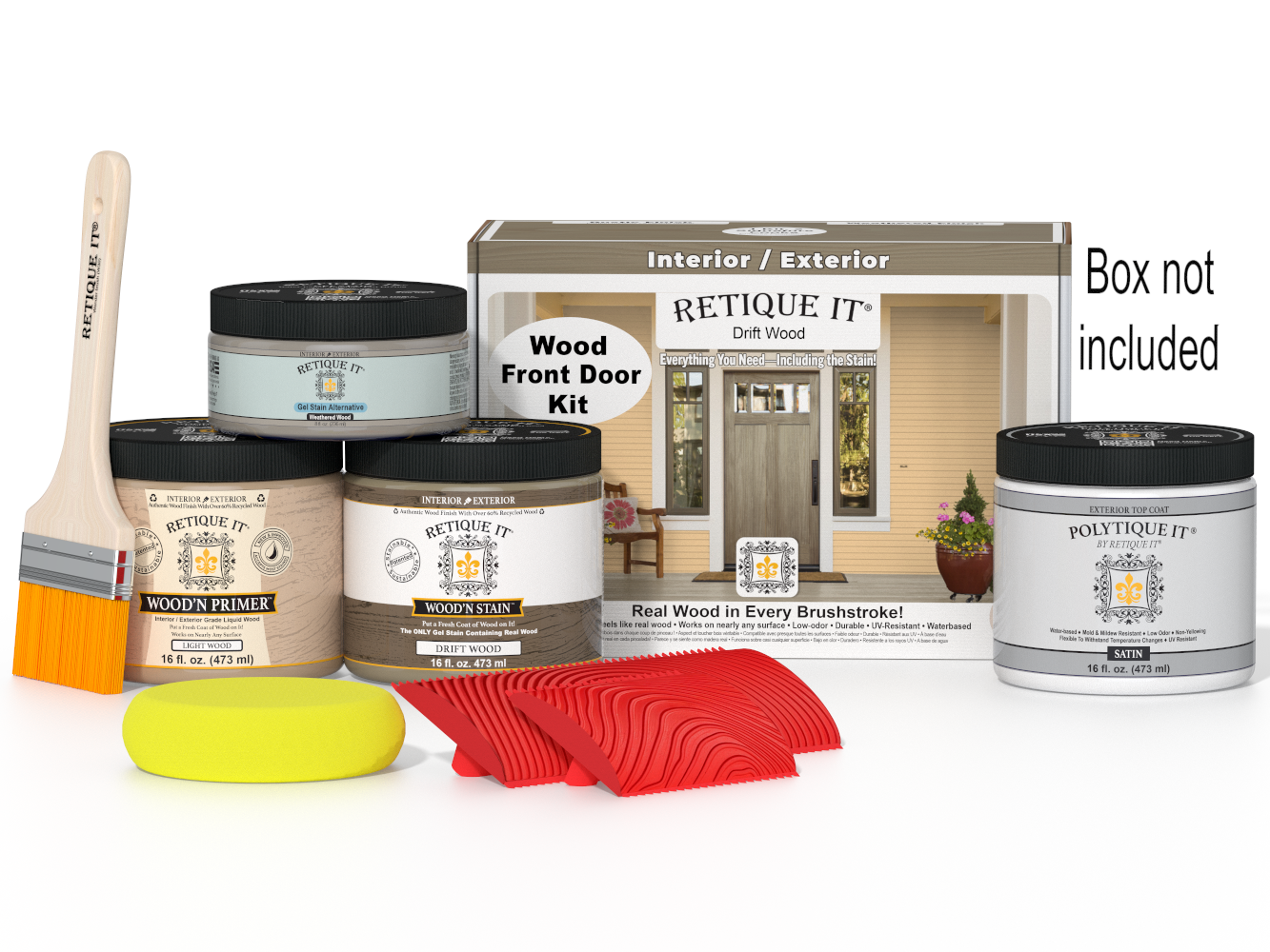 Retique It Wood'n Finish Drift Wood front door kit with stain and finishing supplies, shown in a box with wood grain effects.
