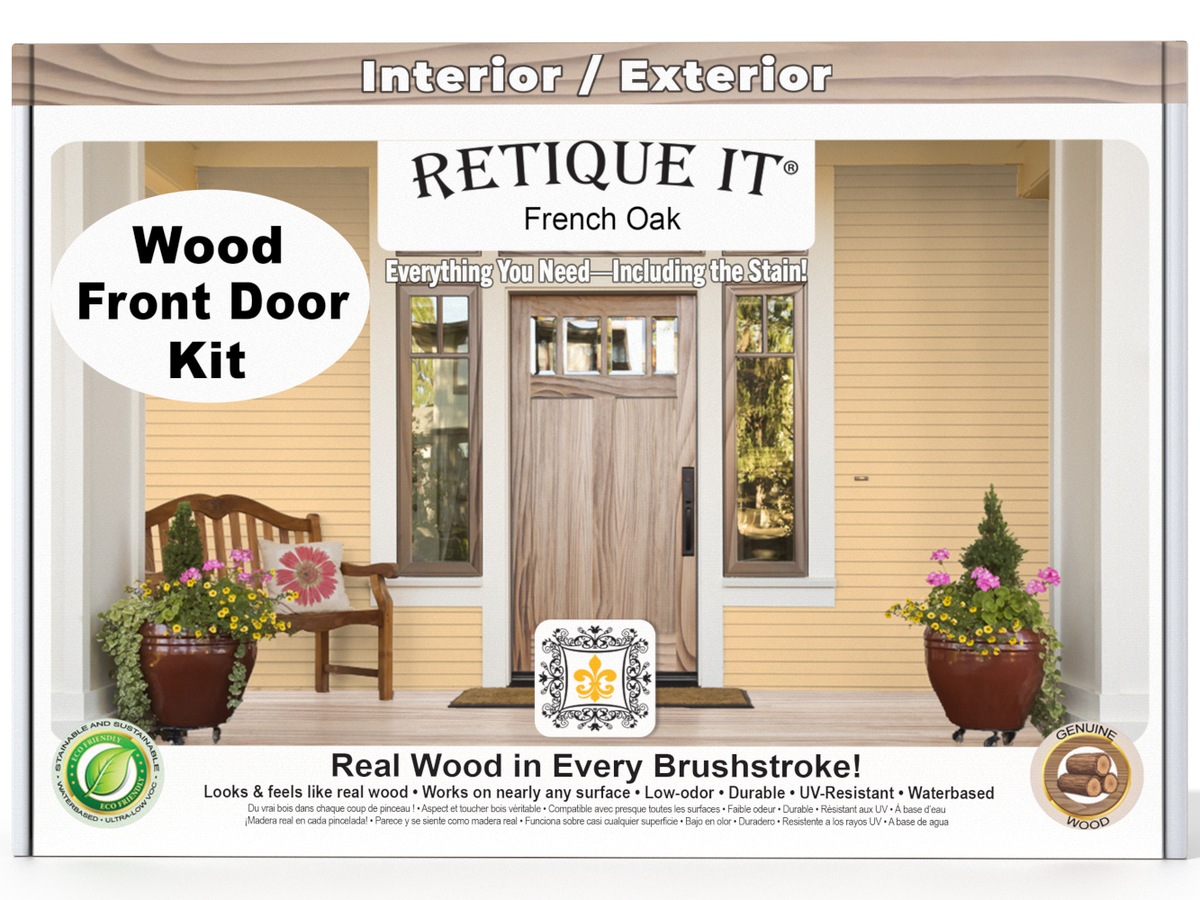 Retique It® Wood'n Finish French Oak front door kit with stain, showcasing a smooth wooden door surface in natural oak finish.