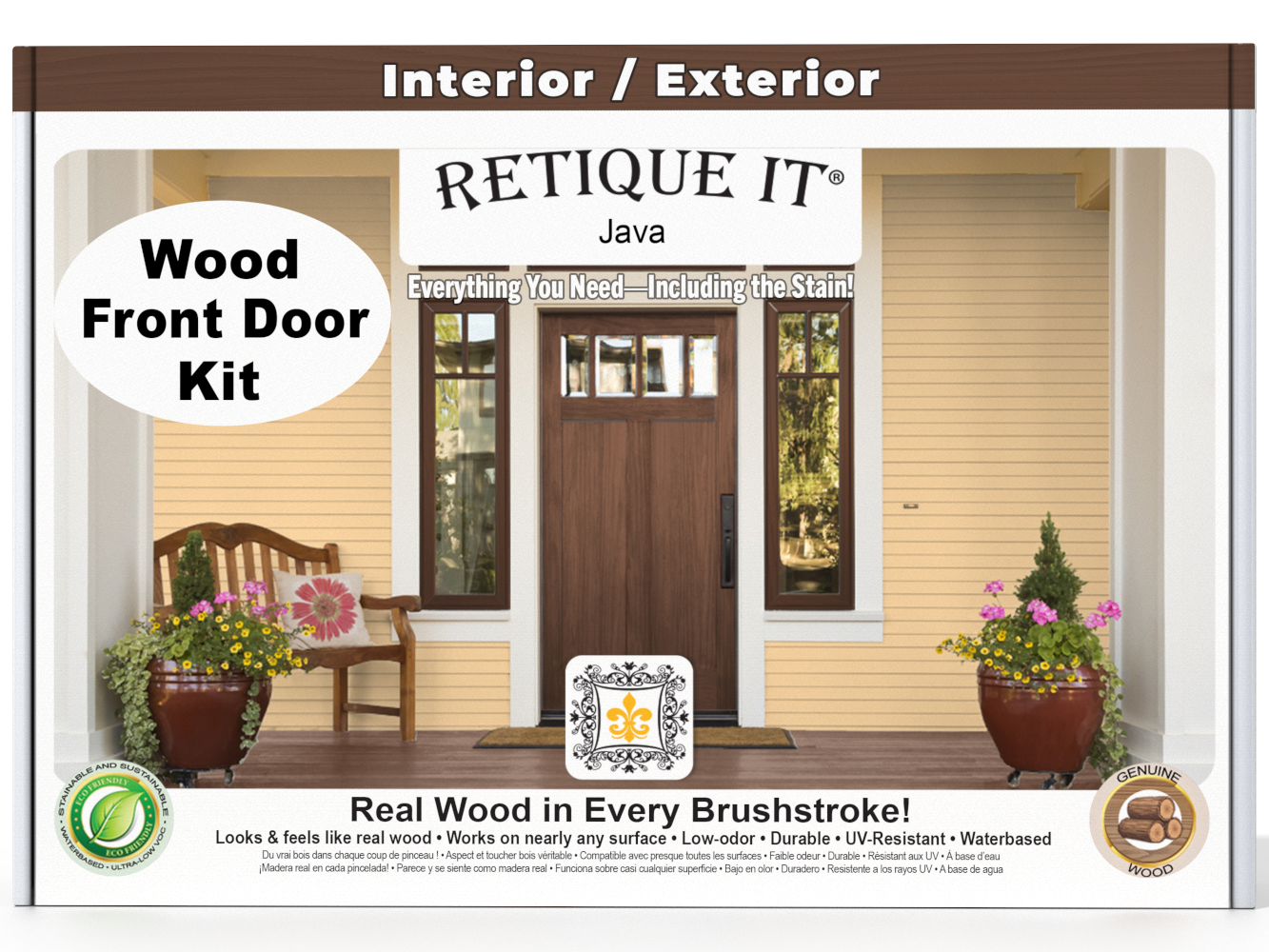 Retique It® Wood'n Finish Java front door kit with stain, showing a close-up of the stained wooden door and packaging.