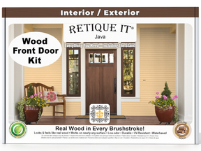 Retique It® Wood'n Finish Java front door kit with stain, showing a close-up of the stained wooden door and packaging.
