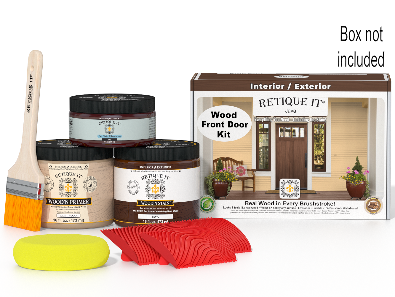 Retique It® Wood'n Finish Java front door kit with stain and supplies, designed for wood doors and home exterior projects.