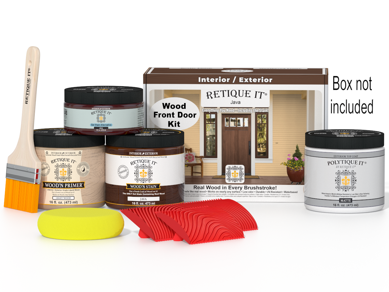 Retique It® Wood'n Finish Java front door stain kit with wood finish samples in a box for door customization.