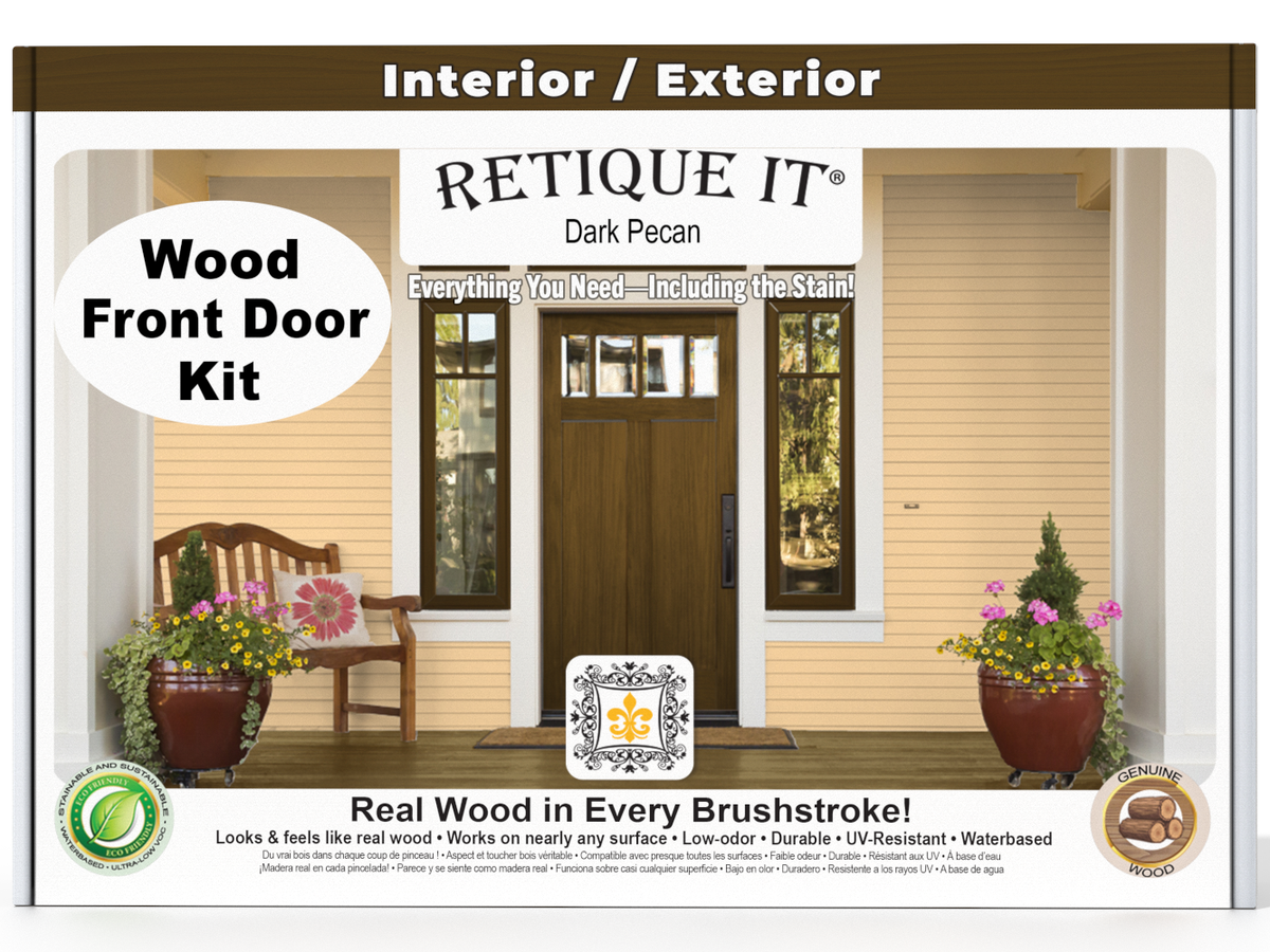 Retique It® Wood'n Finish front door kit in Dark Pecan stain, showcasing a smooth wooden door with rich, dark finish.