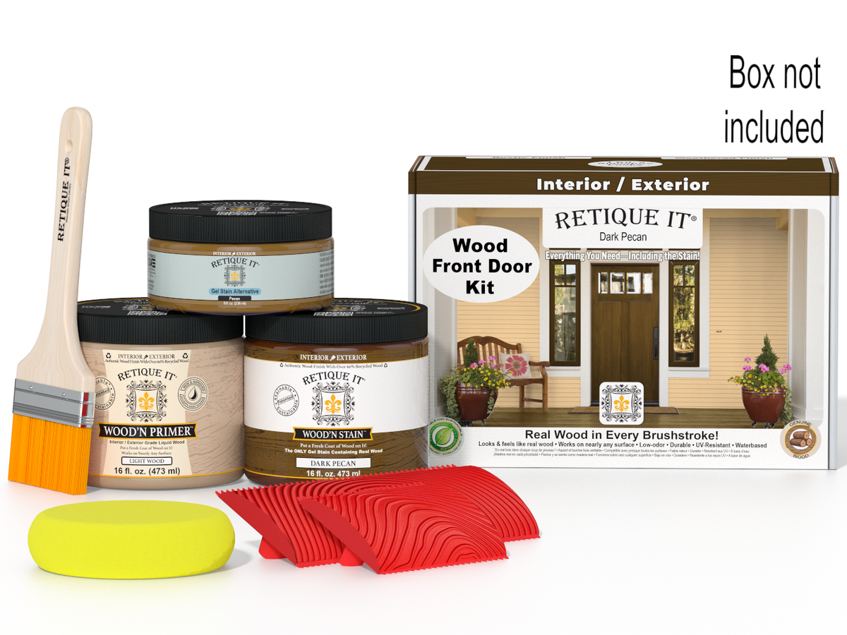 Retique It® Wood'n Finish Front Door Kit in Dark Pecan stain, showing a ready-to-apply wood stain kit for exterior doors.