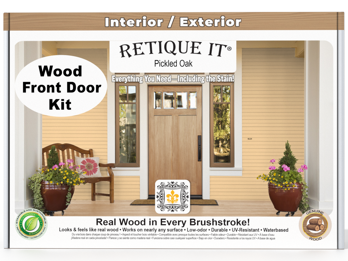 Retique It® Wood'n Finish front door kit in pickled oak stain, showing a completed exterior door with a natural wood finish.