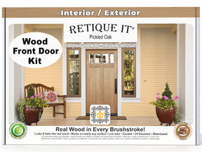 Retique It® Wood'n Finish Pickled Oak front door kit featuring stain samples and application tools for a natural wood appearance.