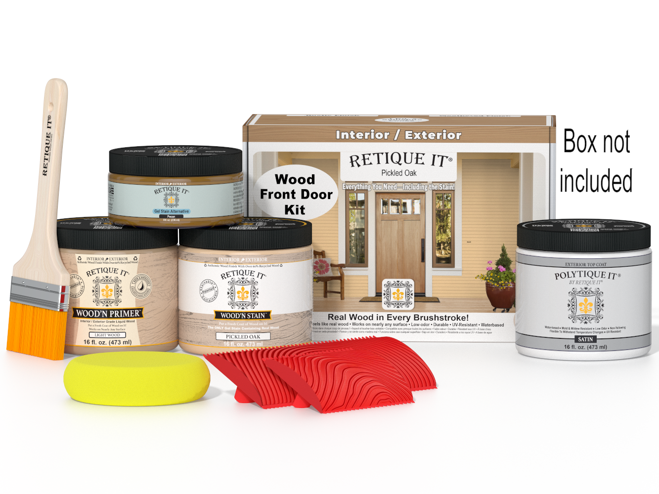 Retique It® Wood'n Finish front door kit in pickled oak stain, with a natural wood grain appearance and finishing supplies.