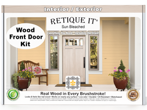 Retique It Wood'n Finish Front Door Kit in Sun Bleached, showcasing the kit components and a finished front door example.