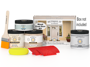 Retique It Wood'n Finish Front Door Kit in Sun Bleached, showcasing the kit components and finished door appearance.