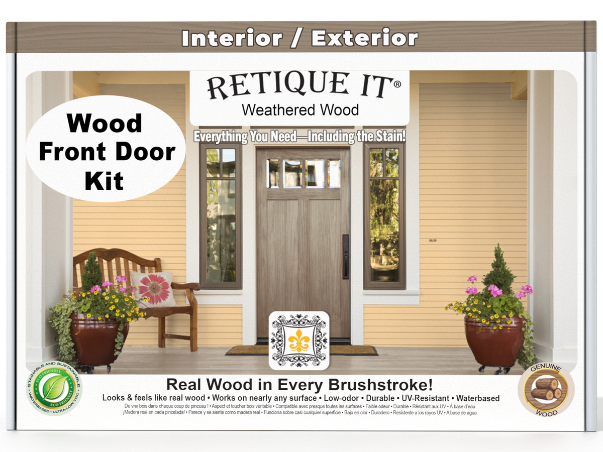 Retique It® Wood'n Finish front door kit in weathered wood stain, showcasing a stained wooden door with weathered finish details.