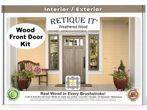 Retique It® Wood'n Finish front door kit in weathered wood stain, showing a door with a natural, textured wood finish.