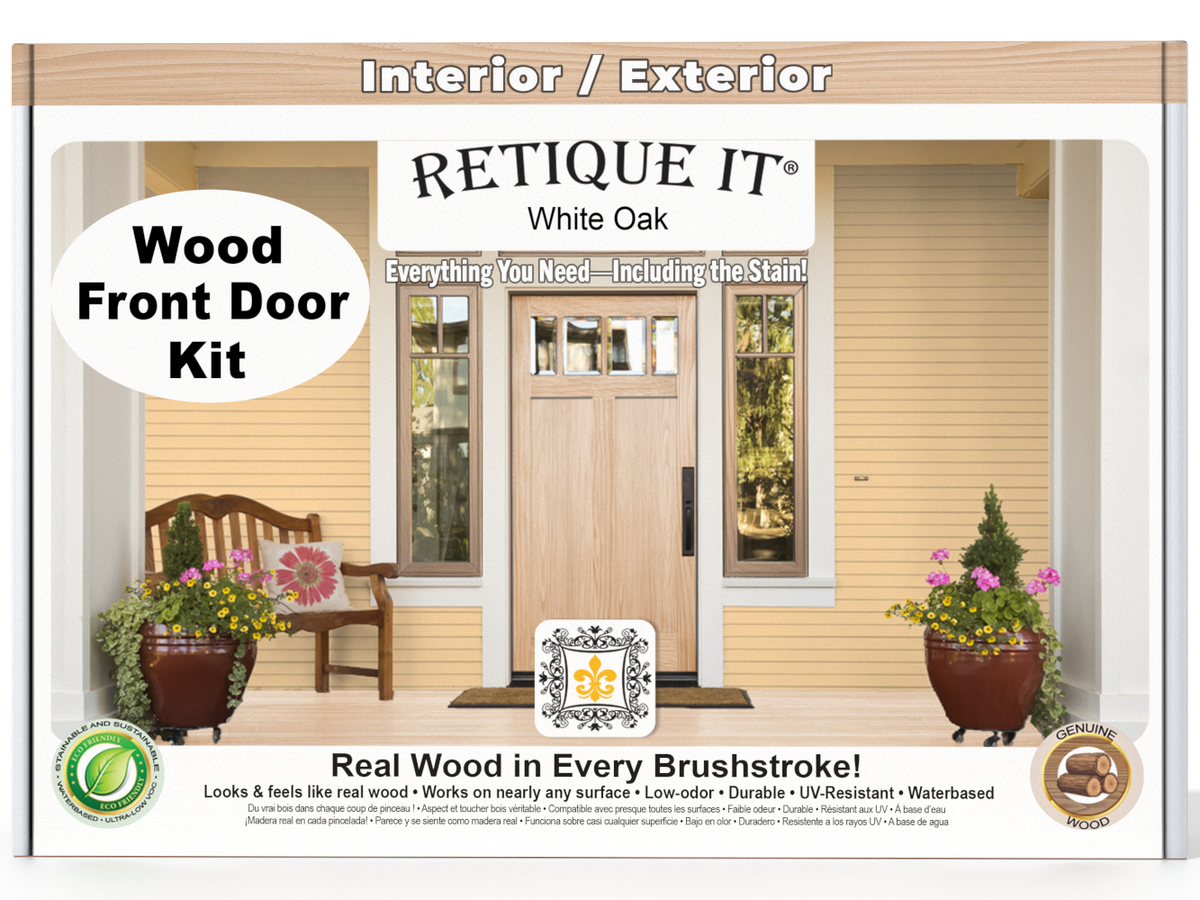 Retique It Wood Front Door Kit packaging with a door and garden scene on a white background
