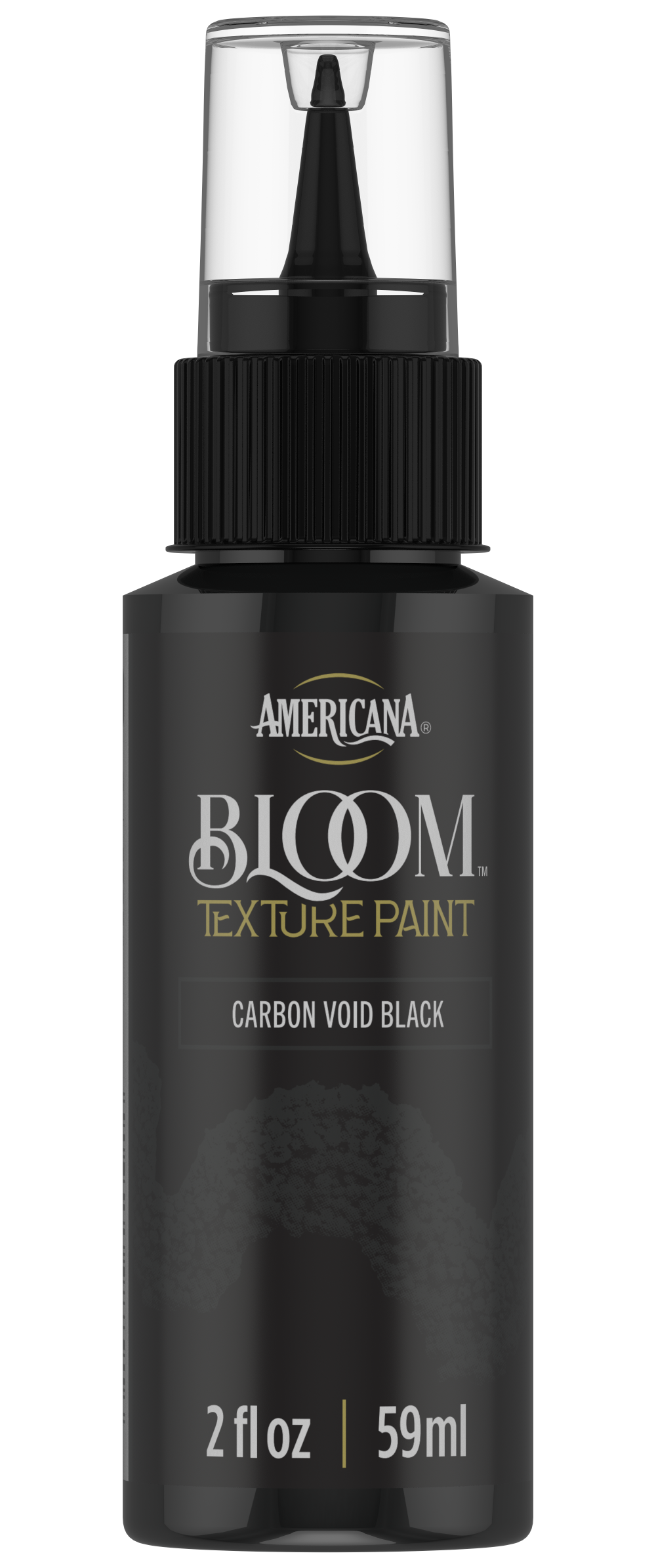 DecoArt Bloom Texture Paint in Carbon Void Black, showing front view with textured black finish on a smooth surface.