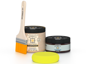 Retique It® Black Walnut Brush-On Kit includes a brush, Light Wood primer, Black Walnut Gel Stain Alternative, and a yellow sponge.