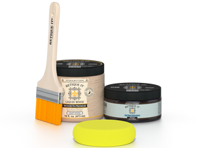 Retique It® Charcoal Brush-On Kit includes a brush, Light Wood primer, Charcoal Gel Stain Alternative, and a yellow sponge.