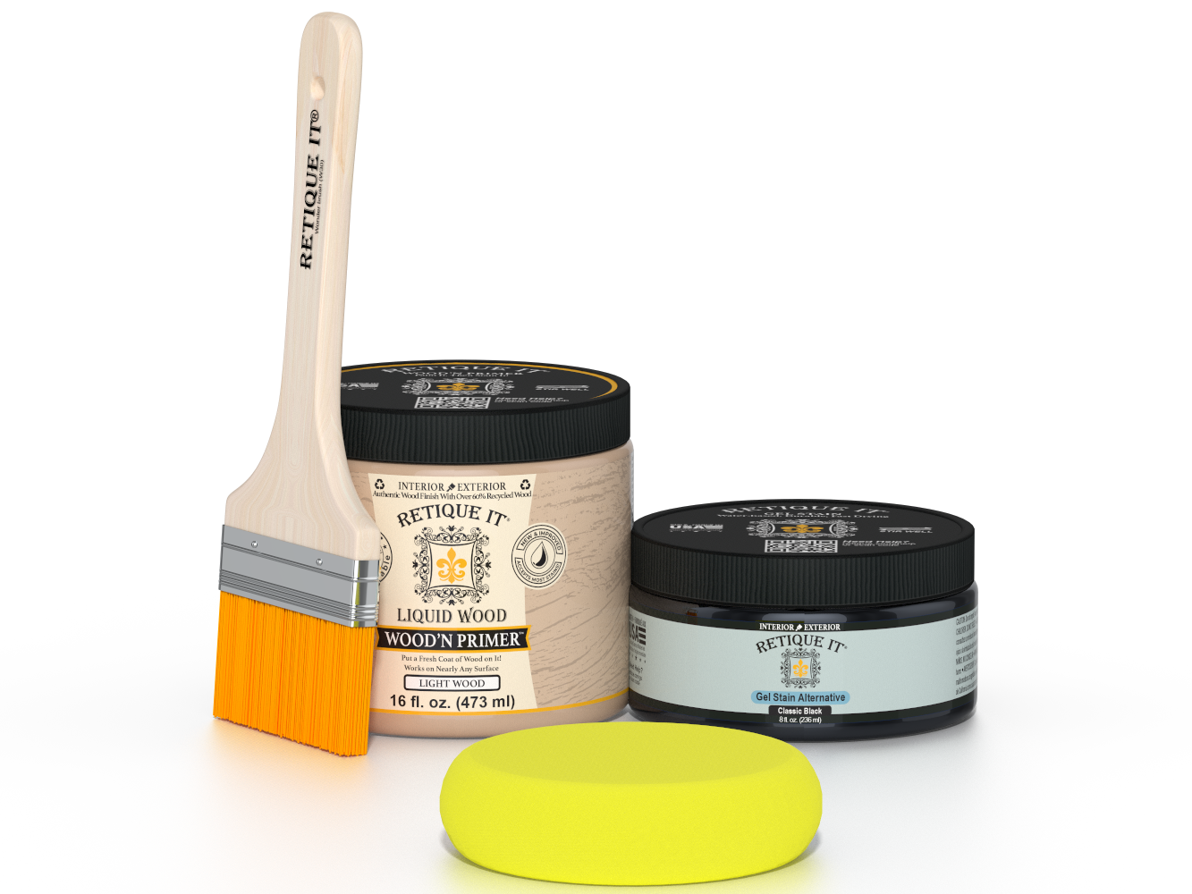 Retique It® Classic Black Brush-On Kit includes a brush, Light Wood primer, Classic Black Gel Stain Alternative, and a yellow sponge.
