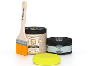 Retique It® Classic Black Brush-On Kit includes a brush, Light Wood primer, Classic Black Gel Stain Alternative, and a yellow sponge.