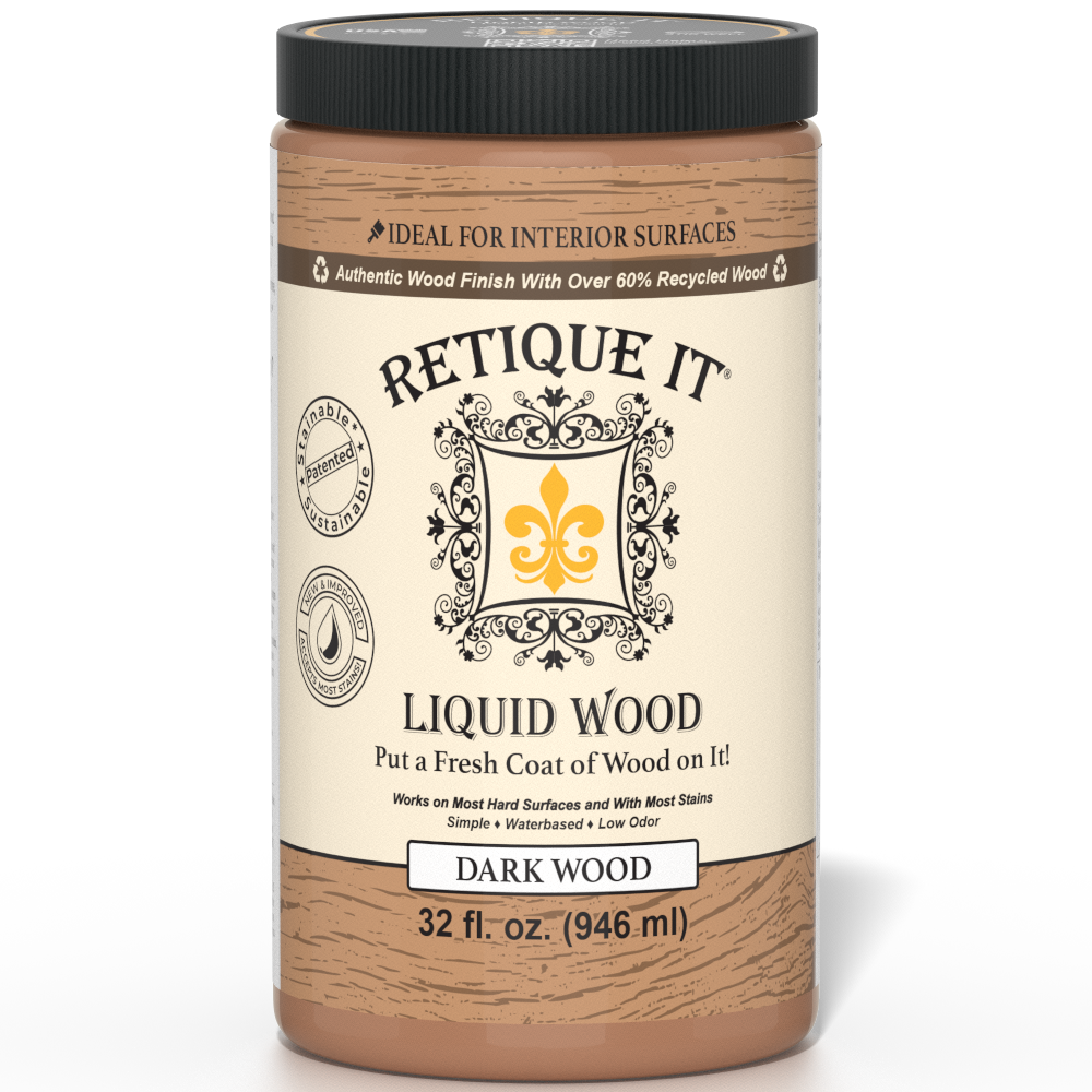 Retique It® Liquid Wood interior paint in 32oz dark finish, displayed on a surface with a smooth, 3D textured appearance.