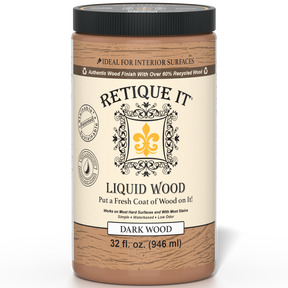 Retique It® Liquid Wood interior paint in 32oz dark finish, displayed on a surface with a smooth, 3D textured appearance.
