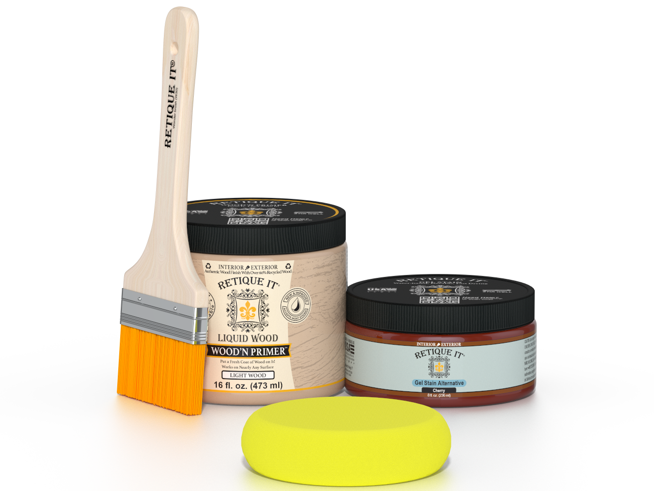 Retique It® Cherry Brush-On Kit includes a brush, Light Wood primer, Cherry Gel Stain Alternative, and a yellow sponge.