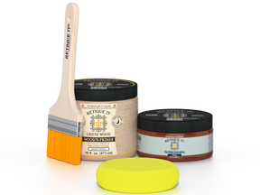 Retique It® Cherry Brush-On Kit includes a brush, Light Wood primer, Cherry Gel Stain Alternative, and a yellow sponge.