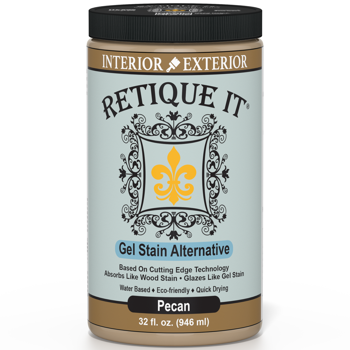 Retique It® Pecan Gel Stain Alternative 32 oz. container featuring Interior/Exterior labeling, cutting-edge gel stain technology messaging, and eco-friendly quick-drying formula branding.