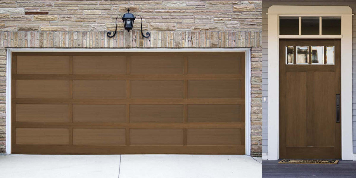 Retique It Multi-purpose Smooth Finish Kit (Med) in Dark Oak for exterior wood projects, featuring a matte top coat on a garage door.