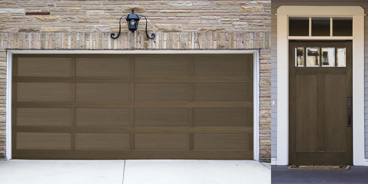 Retique It Multi-purpose Smooth Finish Kit in Black Walnut for exterior wood, featuring a glossy top coat on a garage door.