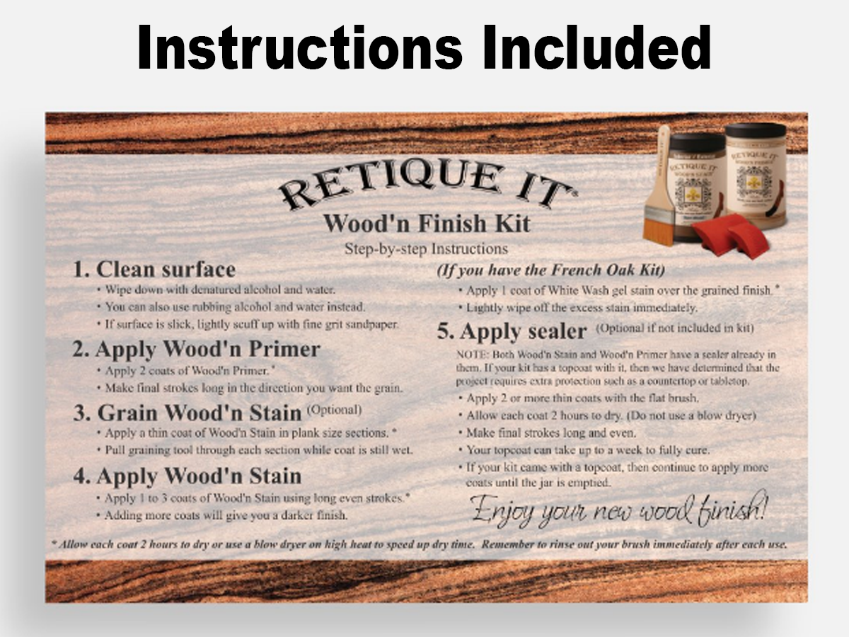 Retique It Wood'n Finish Kit Large in Harbor Gray with front instructions for exterior top coat application.