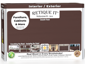 Retique It® Multi-purpose Smooth Finish Kit in Java for interior wood top coat, includes wood finish and application tools.