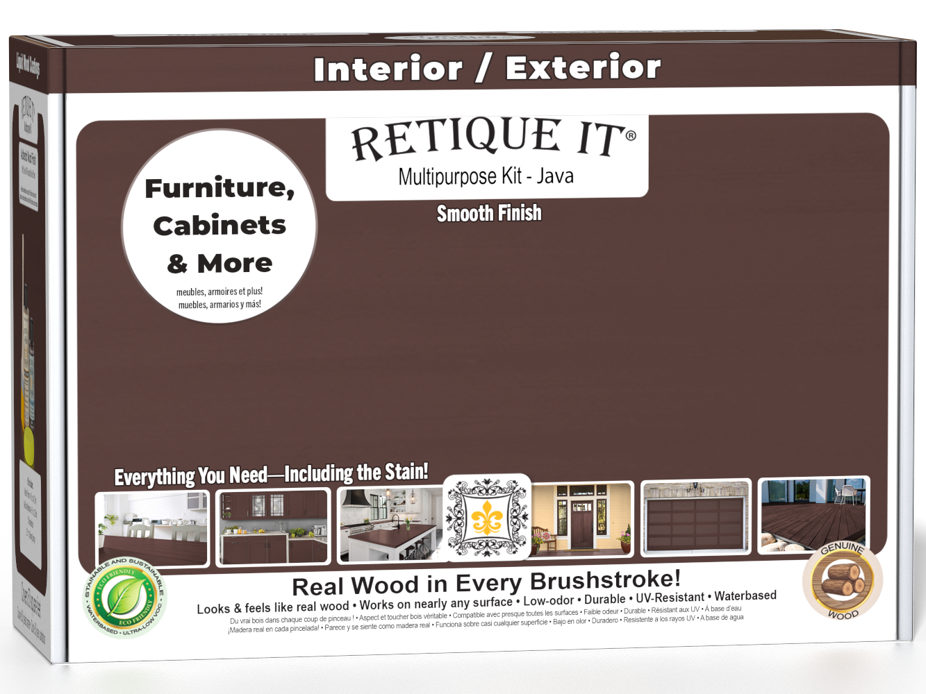 Retique It® Multi-purpose Smooth Finish Kit in Java for exterior wood, includes top coat with matte finish, wood finishing tools.