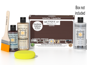 Retique It® Multi-purpose Smooth Finish Kit in Java for exterior wood, includes top coat with matte finish, shown with components and box.