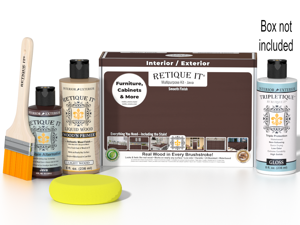 Retique It wood finish kit in Java with a smooth top coat, including applicator tools for interior wood projects.