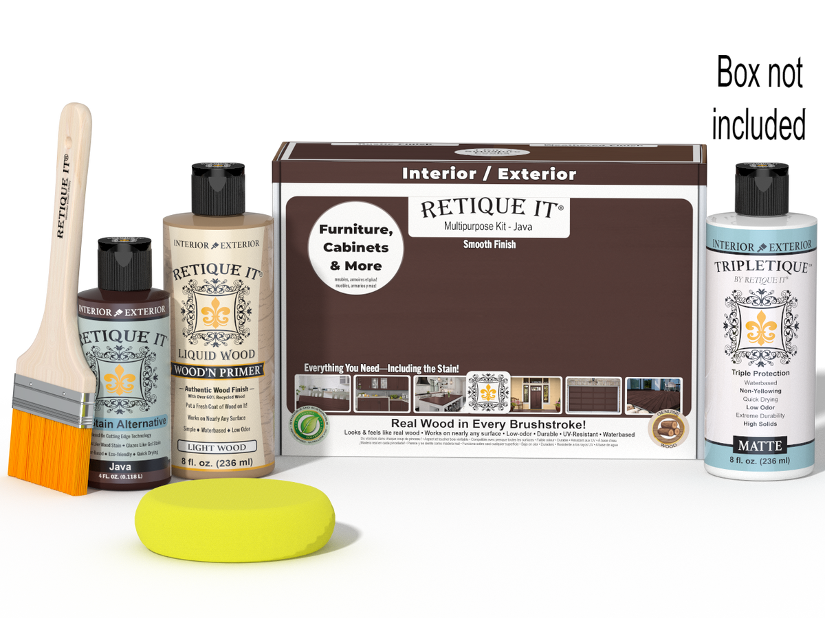 Retique It® Multi-purpose Smooth Finish Kit in Java for interior wood projects, includes top coat and matte finish components.