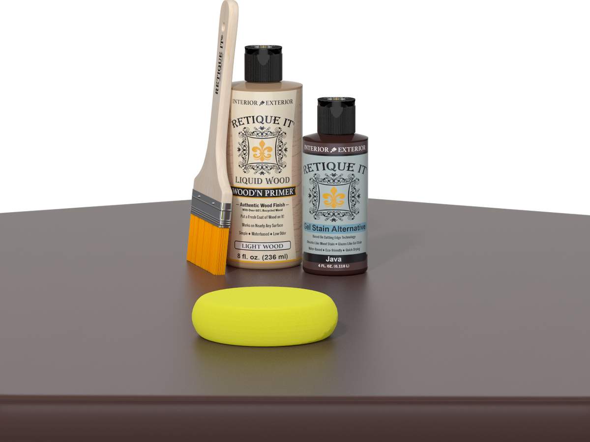 Retique It® Multi-purpose Smooth Finish Kit in Java, a wood finishing set with a smooth, natural wood appearance on a table surface.