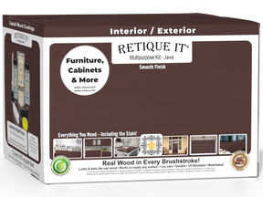 Retique It® Multi-purpose Smooth Finish Kit Java exterior top coat in a large box, featuring wood finish and matte surface.